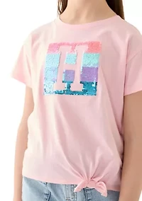 Girls 7-16 Sequin Side Tie Short Sleeve T-Shirt