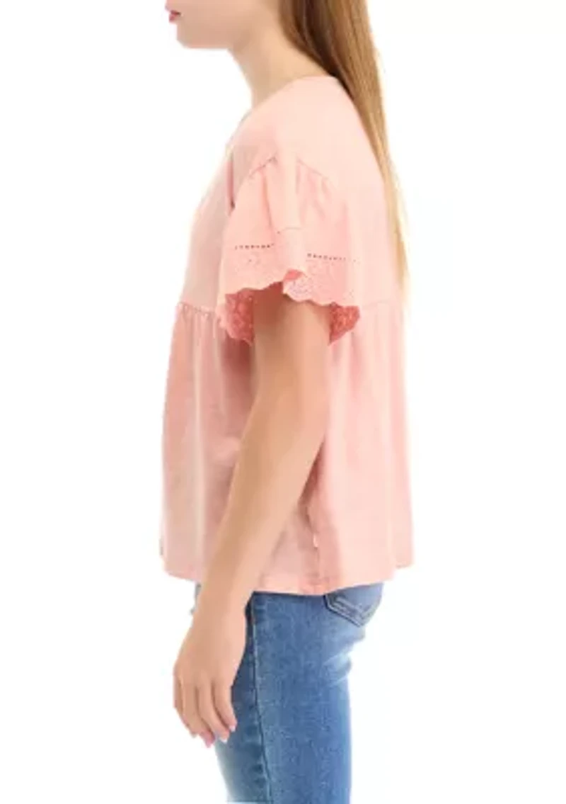 Girls 7-16 Short Sleeve Eyelet Babydoll Top