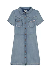 Girls 7-16 Short Sleeve Denim Dress