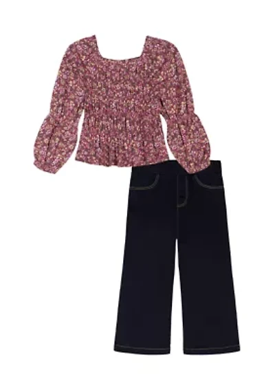 Girls 4-6x Smocked Printed Top and Wide Leg Pants Set