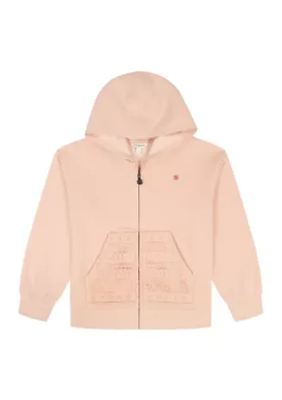 Girls 7-17 Zip Up Hoodie with Crochet Fleece Split Kangaroo Pocket
