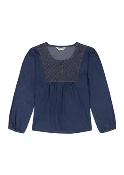 Girls 7-16 Long Blouson Sleeve Denim Babydoll Top