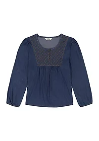 Girls 7-16 Long Blouson Sleeve Denim Babydoll Top