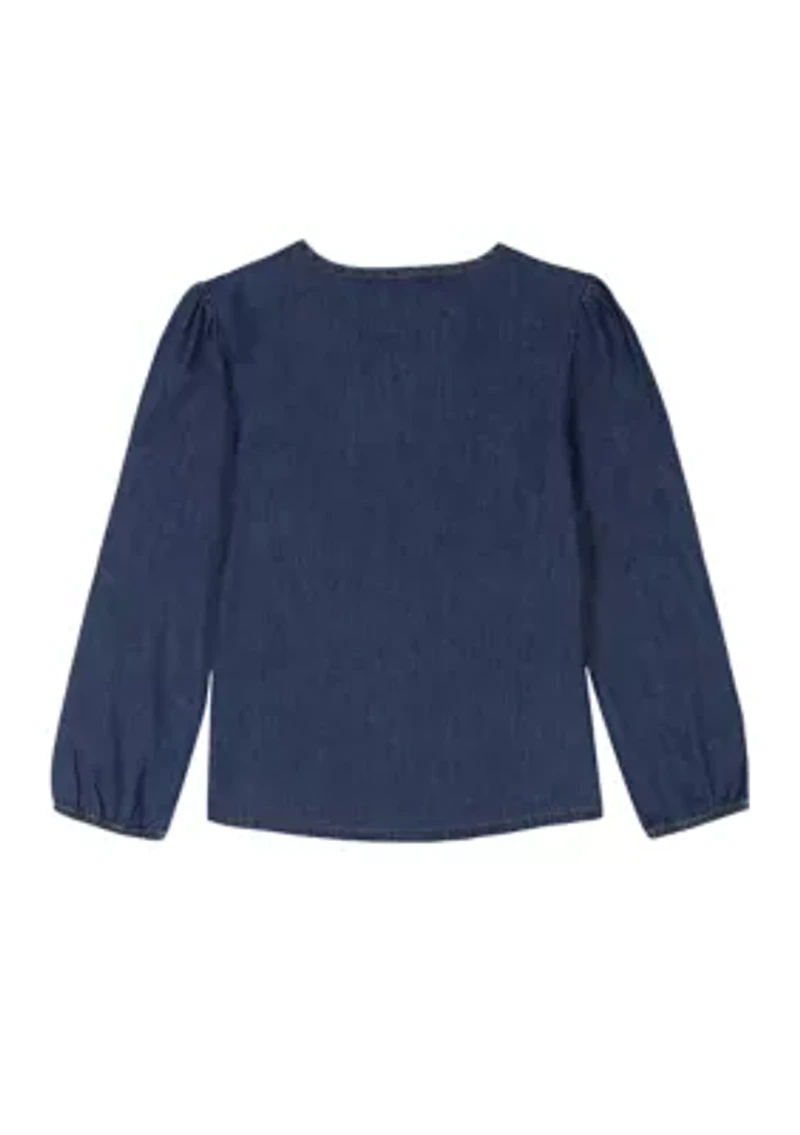 Girls 7-16 Long Blouson Sleeve Denim Babydoll Top