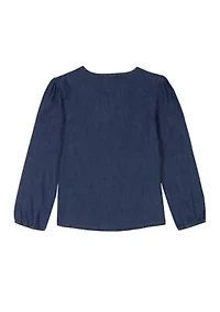 Girls 7-16 Long Blouson Sleeve Denim Babydoll Top