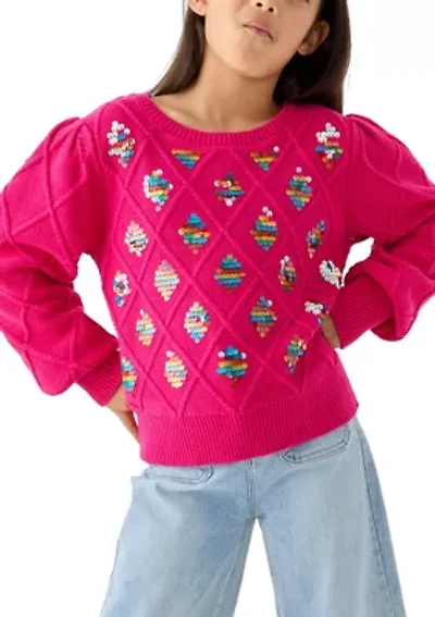 Girls 7-16 LS Cable Sweater with Multi Color Palettes