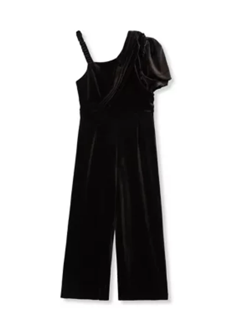 Girls 7-16 Asymmetrical Pleat Wide Leg Velour Jumpsuit