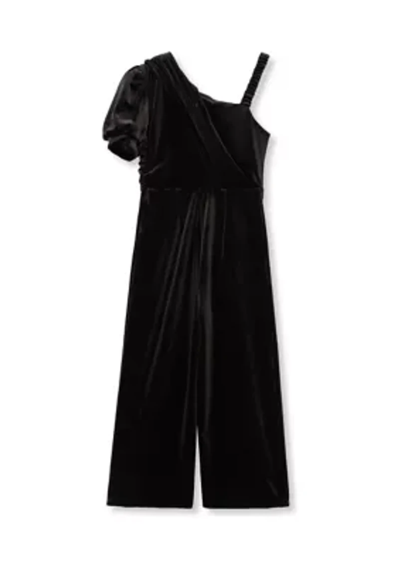 Girls 7-16 Asymmetrical Pleat Wide Leg Velour Jumpsuit