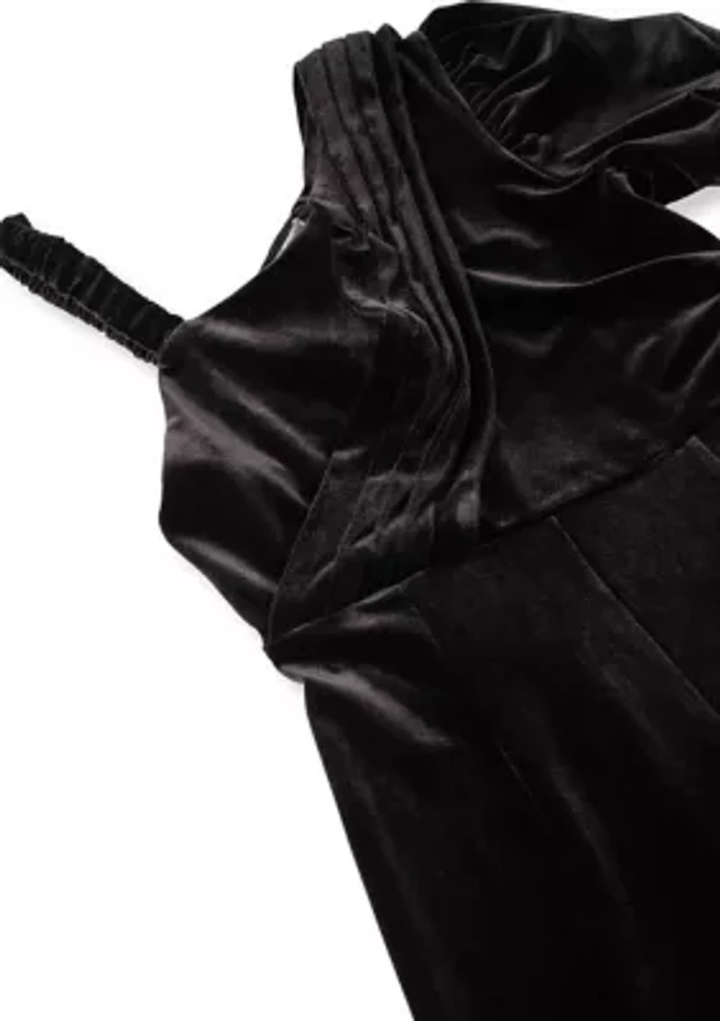 Girls 7-16 Asymmetrical Pleat Wide Leg Velour Jumpsuit