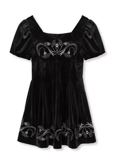 Girls 7-16 Embroidered Puff Sleeve Fit and Flare Velour Dress
