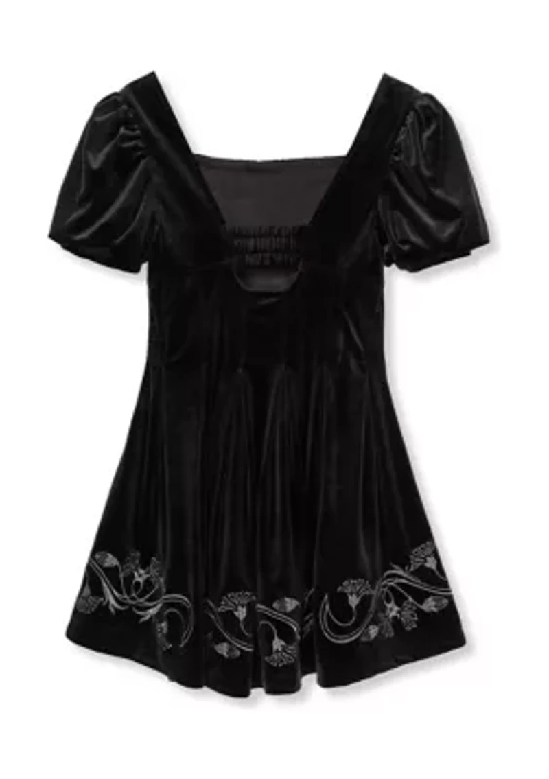 Girls 7-16 Embroidered Puff Sleeve Fit and Flare Velour Dress