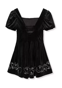 Girls 7-16 Embroidered Puff Sleeve Fit and Flare Velour Dress