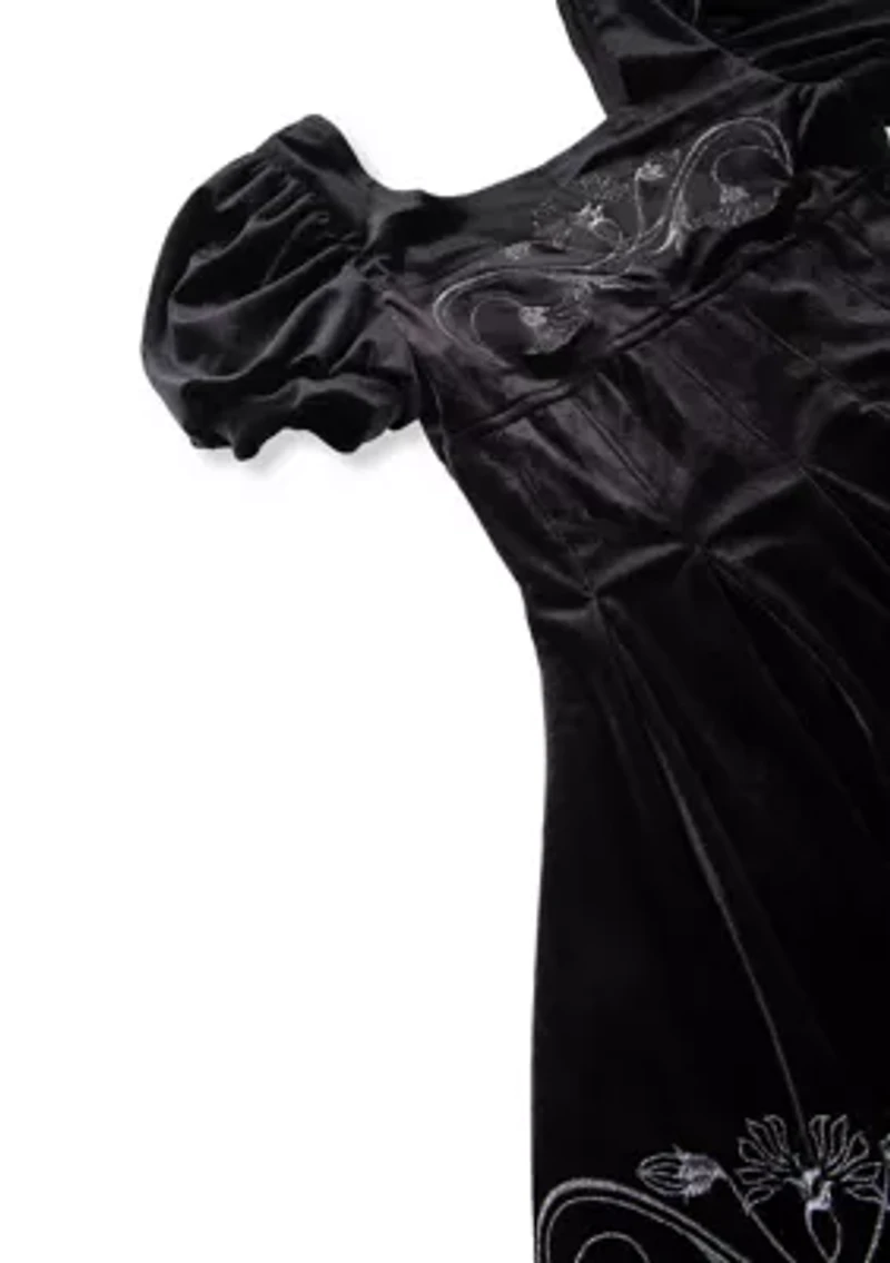 Girls 7-16 Embroidered Puff Sleeve Fit and Flare Velour Dress