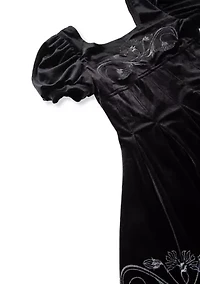 Girls 7-16 Embroidered Puff Sleeve Fit and Flare Velour Dress