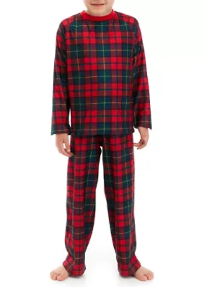 Unisex Big Kid Vintage Red Plaid Notch Pajama Set