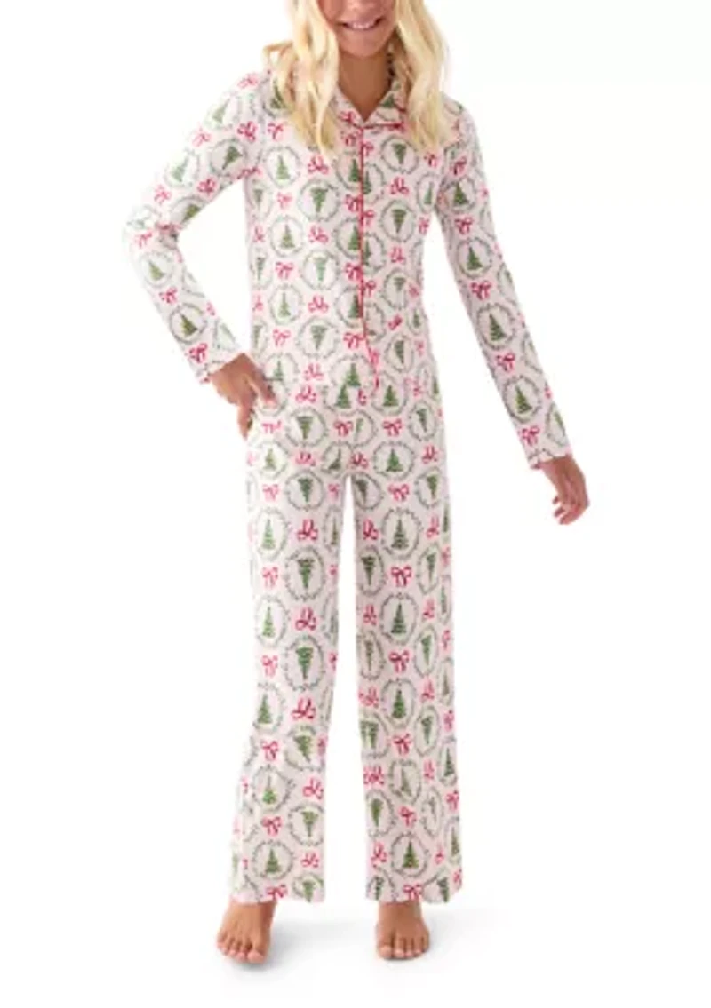Unisex Big Kid Holiday Bows & Wreaths Notch Collar Pajama Set