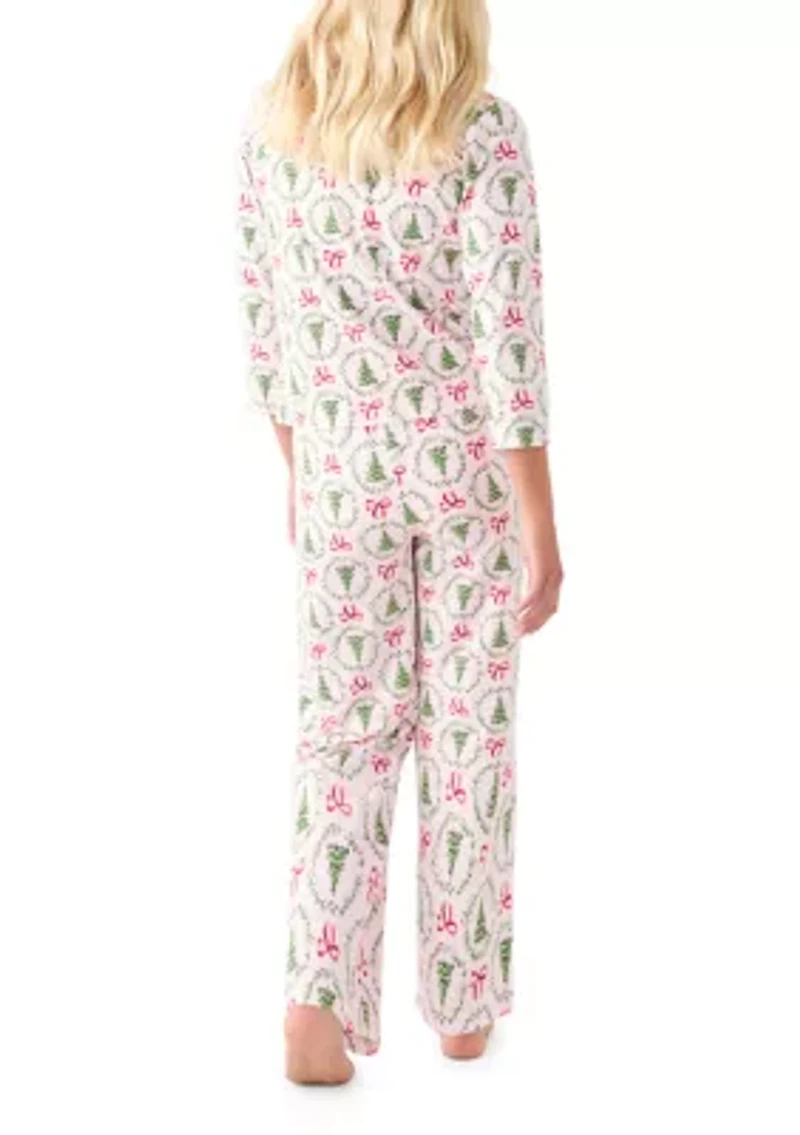 Unisex Big Kid Holiday Bows & Wreaths Notch Collar Pajama Set