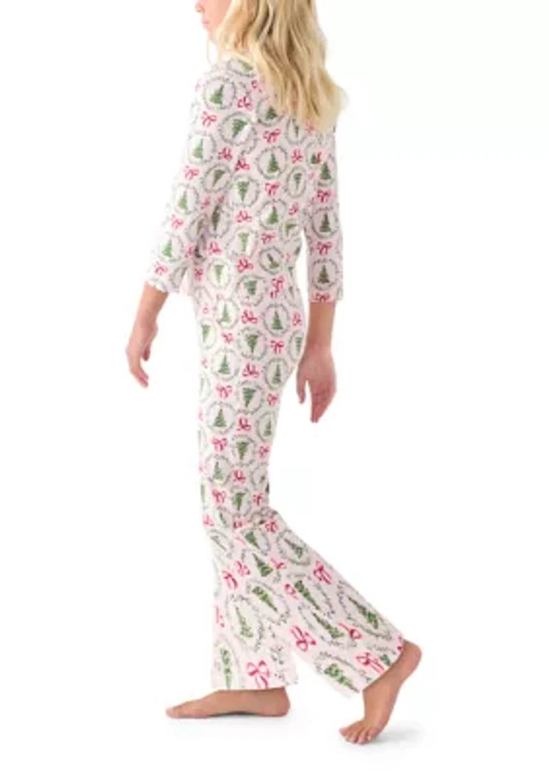 Unisex Big Kid Holiday Bows & Wreaths Notch Collar Pajama Set