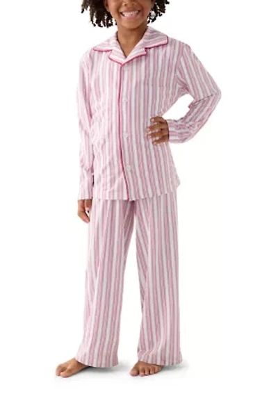 Unisex Big Kid Red Stripe Notch Collar Pajama Set