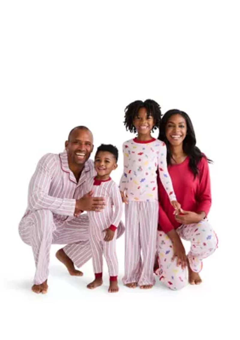 Unisex Big Kid Red Stripe Notch Collar Pajama Set