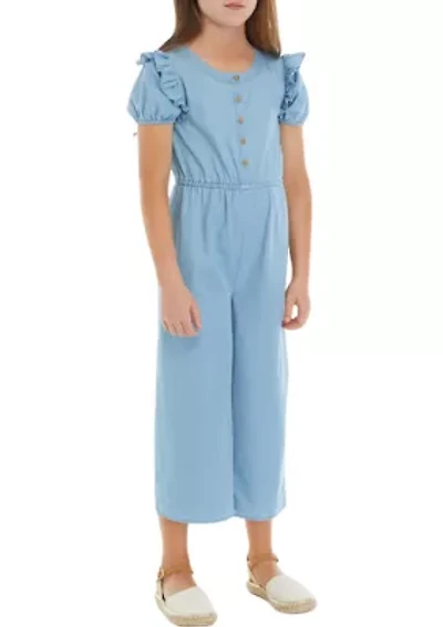 Girls 7-16 Chambray Button Front Ruffle Jumpsuit