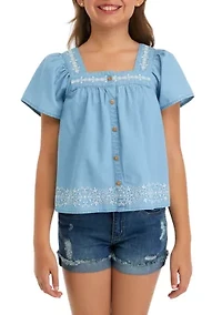 Girls 7-16 Button Front Embroidered Top