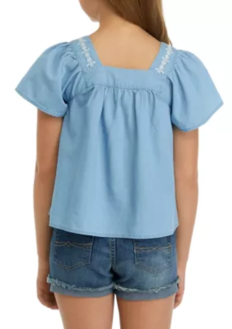 Girls 7-16 Button Front Embroidered Top
