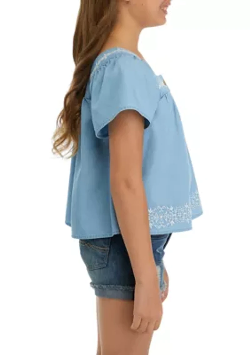Girls 7-16 Button Front Embroidered Top