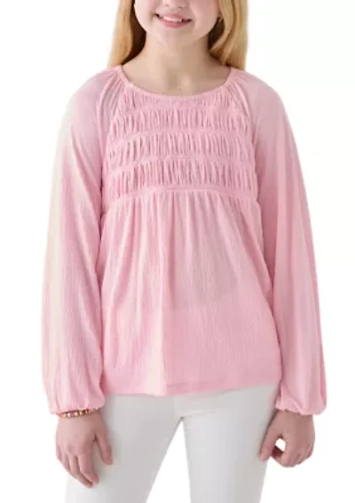Girls 7-16 Long Sleeve Smocked Crinkle Knit Top