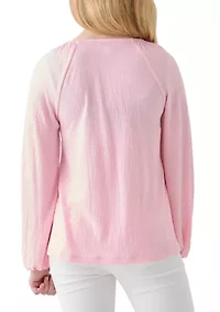 Girls 7-16 Long Sleeve Smocked Crinkle Knit Top