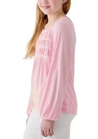 Girls 7-16 Long Sleeve Smocked Crinkle Knit Top