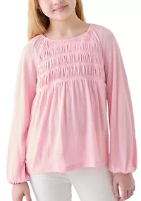 Girls 7-16 Long Sleeve Smocked Crinkle Knit Top
