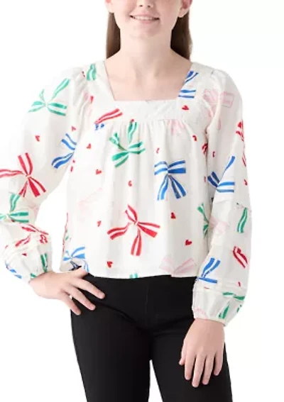 Girls 7-17 Balloon Sleeve Square Neck Bow Print Top