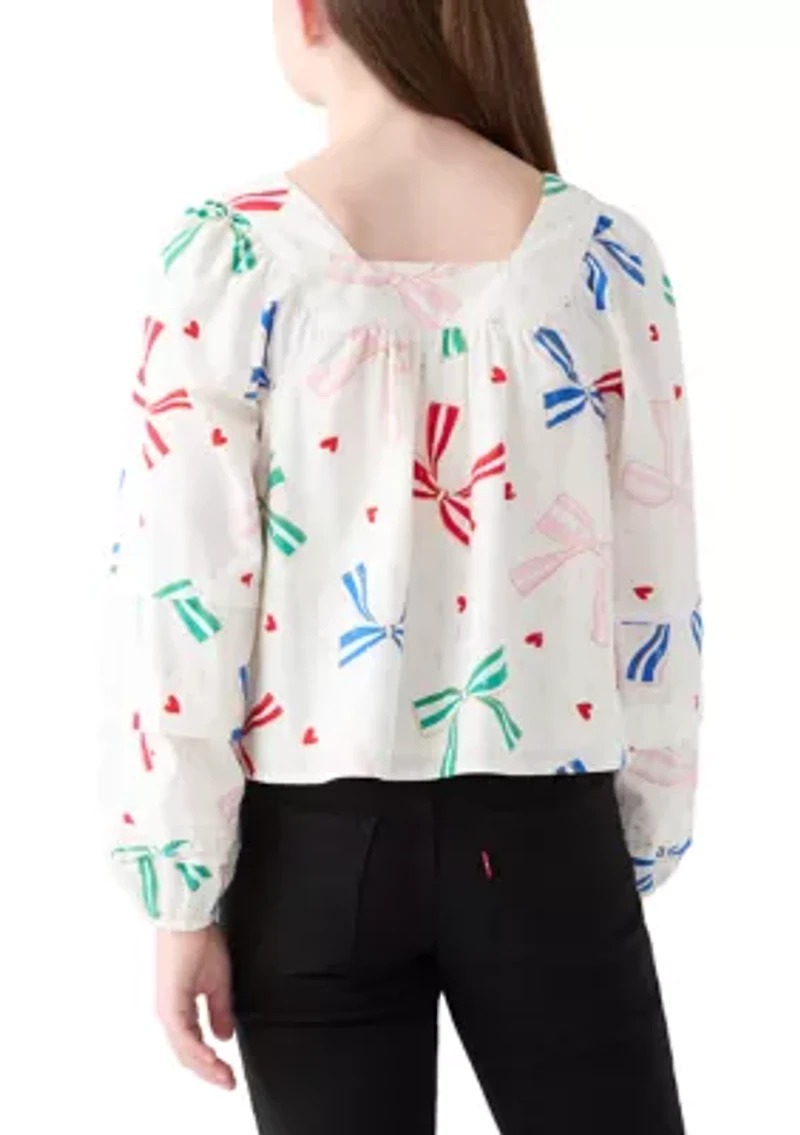 Girls 7-17 Balloon Sleeve Square Neck Bow Print Top