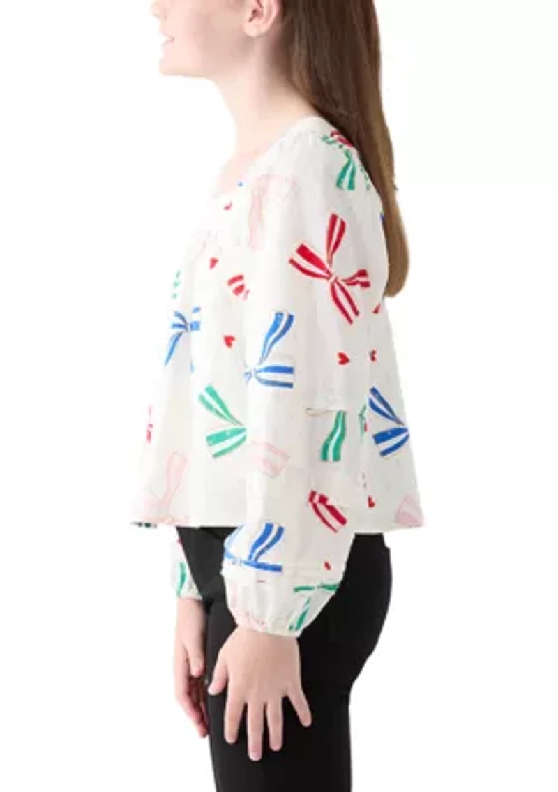 Girls 7-17 Balloon Sleeve Square Neck Bow Print Top