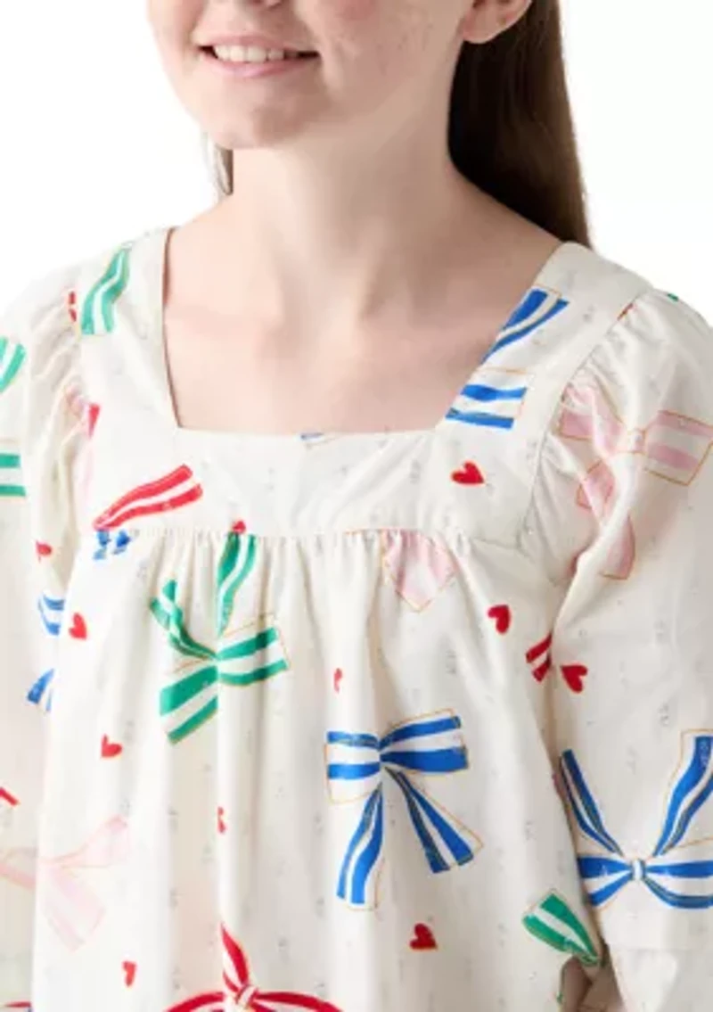 Girls 7-17 Balloon Sleeve Square Neck Bow Print Top
