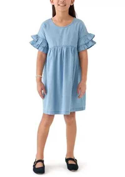 Girls 7-16 Chambray Ruffle Dress