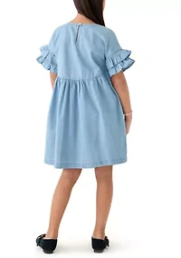 Girls 7-16 Chambray Ruffle Dress