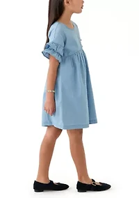 Girls 7-16 Chambray Ruffle Dress