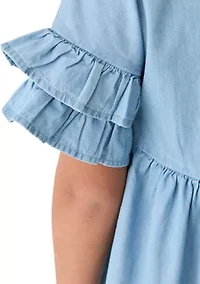 Girls 7-16 Chambray Ruffle Dress