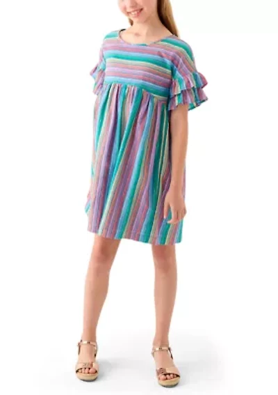Girls 7-16 Yarn Dyed Stripe Ruffle Sleeve Dress