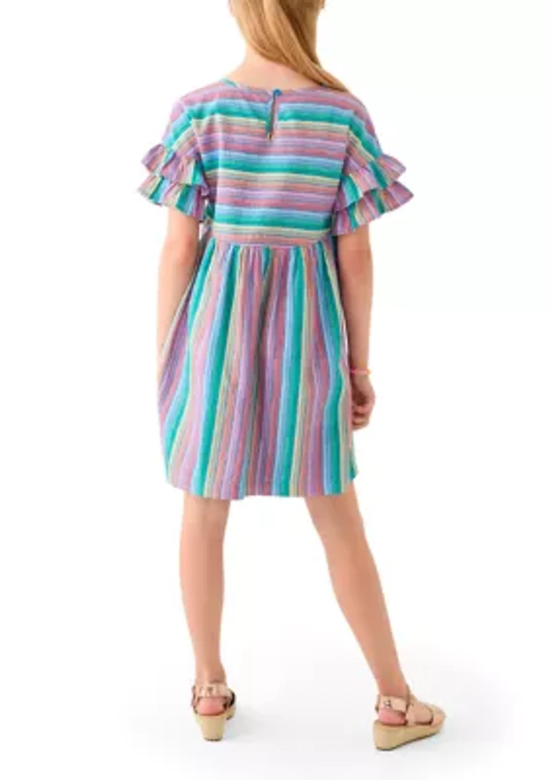 Girls 7-16 Yarn Dyed Stripe Ruffle Sleeve Dress