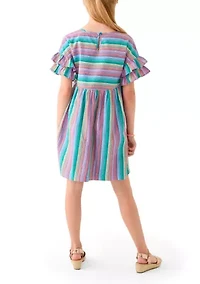 Girls 7-16 Yarn Dyed Stripe Ruffle Sleeve Dress