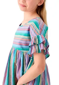 Girls 7-16 Yarn Dyed Stripe Ruffle Sleeve Dress