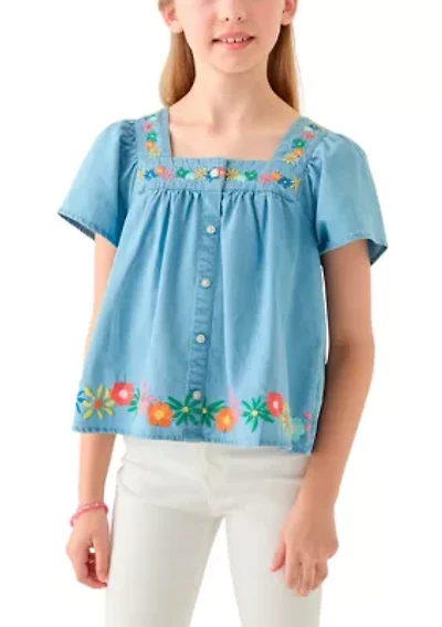 Girls 7-16 Short Sleeve Chambray Button Front Embroidered Top