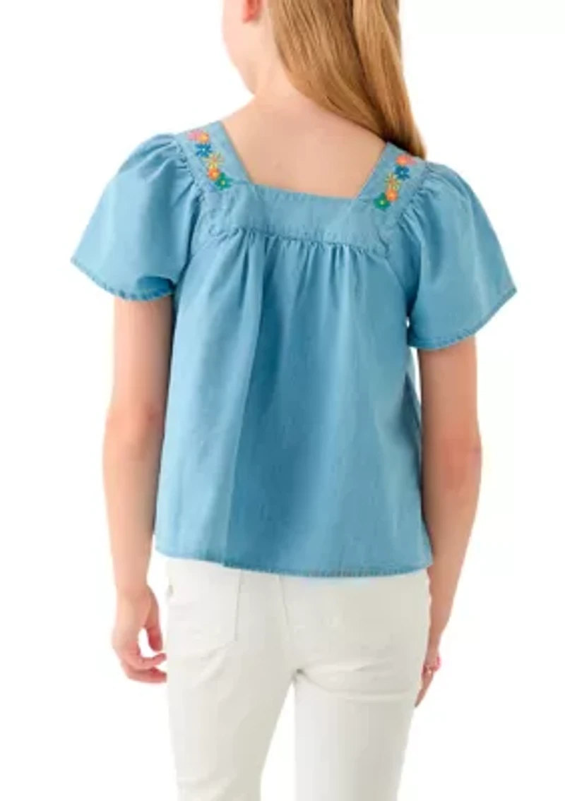 Girls 7-16 Short Sleeve Chambray Button Front Embroidered Top