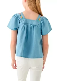 Girls 7-16 Short Sleeve Chambray Button Front Embroidered Top