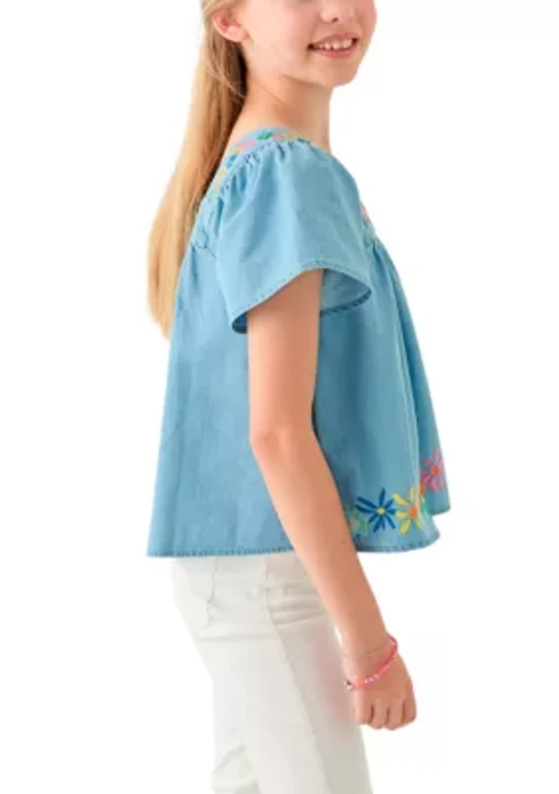Girls 7-16 Short Sleeve Chambray Button Front Embroidered Top