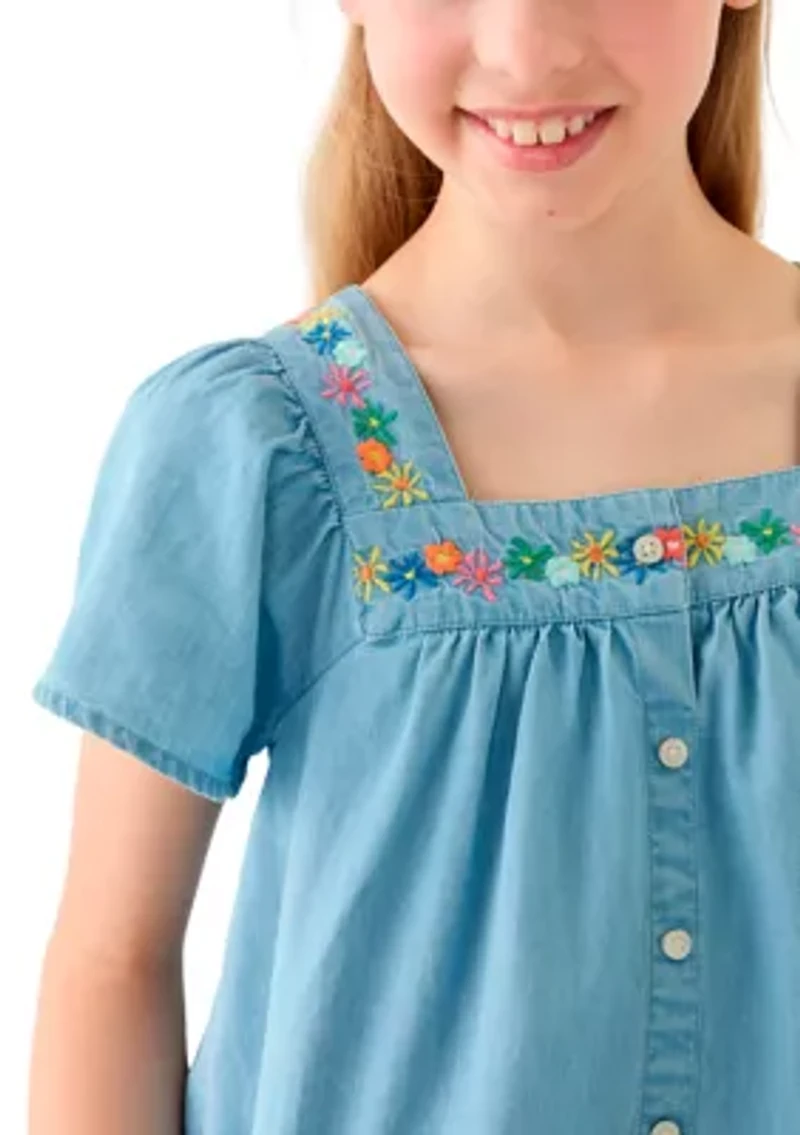 Girls 7-16 Short Sleeve Chambray Button Front Embroidered Top