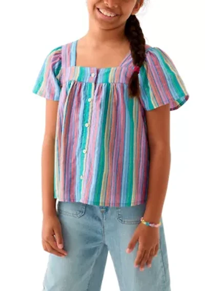 Girls 7-16 Yarn Dyed Lurex Stripe Button Front Top